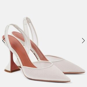 Amina Muaddi White Pointed Slingback Heels with Sculptural Heel
